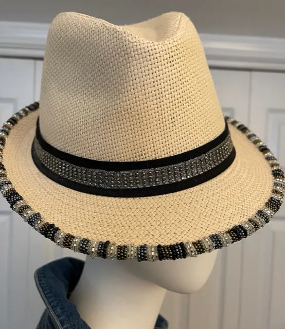 Hand Beaded Straw Fedora Hat