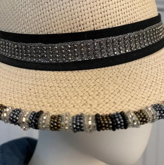 Hand Beaded Straw Fedora Hat