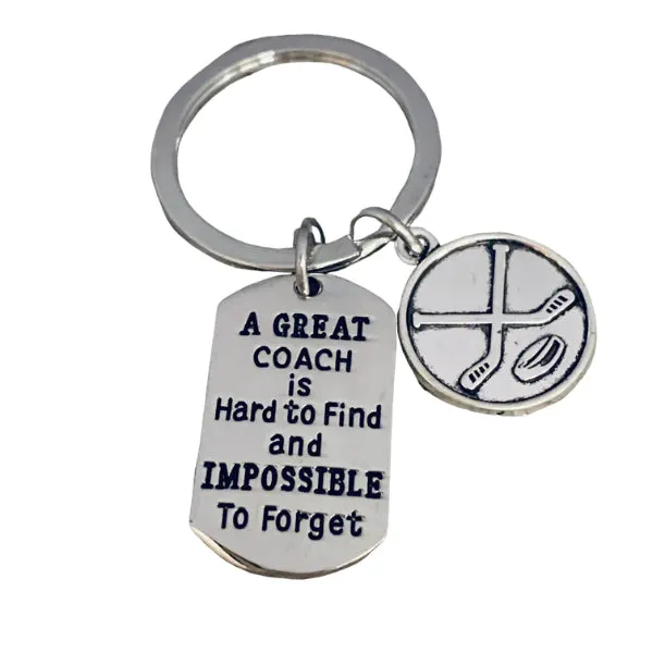 Ice Hockey Coach Keychain, Great Coach is Hard to Find Coach Keychain