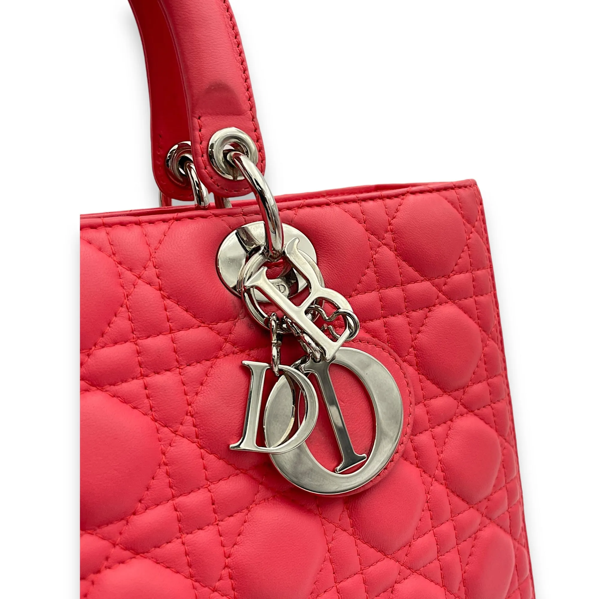 Lady Dior Large Pink Top Handle Bag in Lambskin, Silver hardware