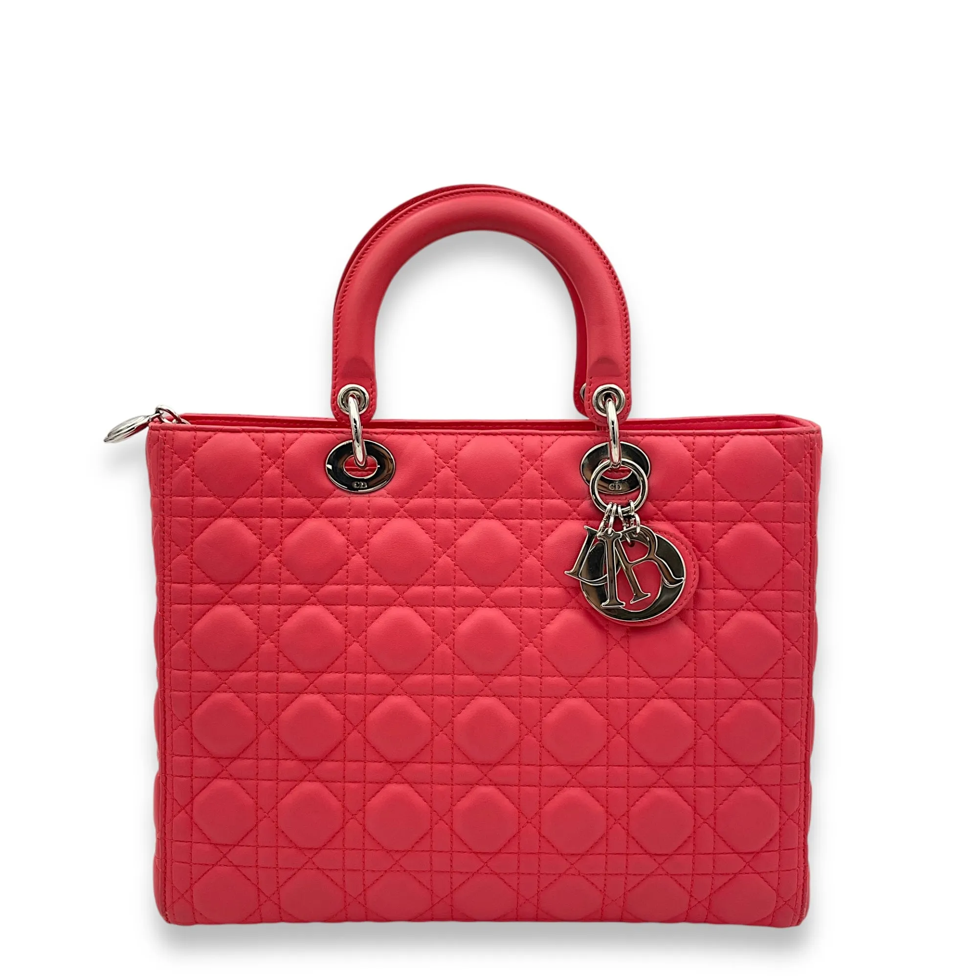 Lady Dior Large Pink Top Handle Bag in Lambskin, Silver hardware
