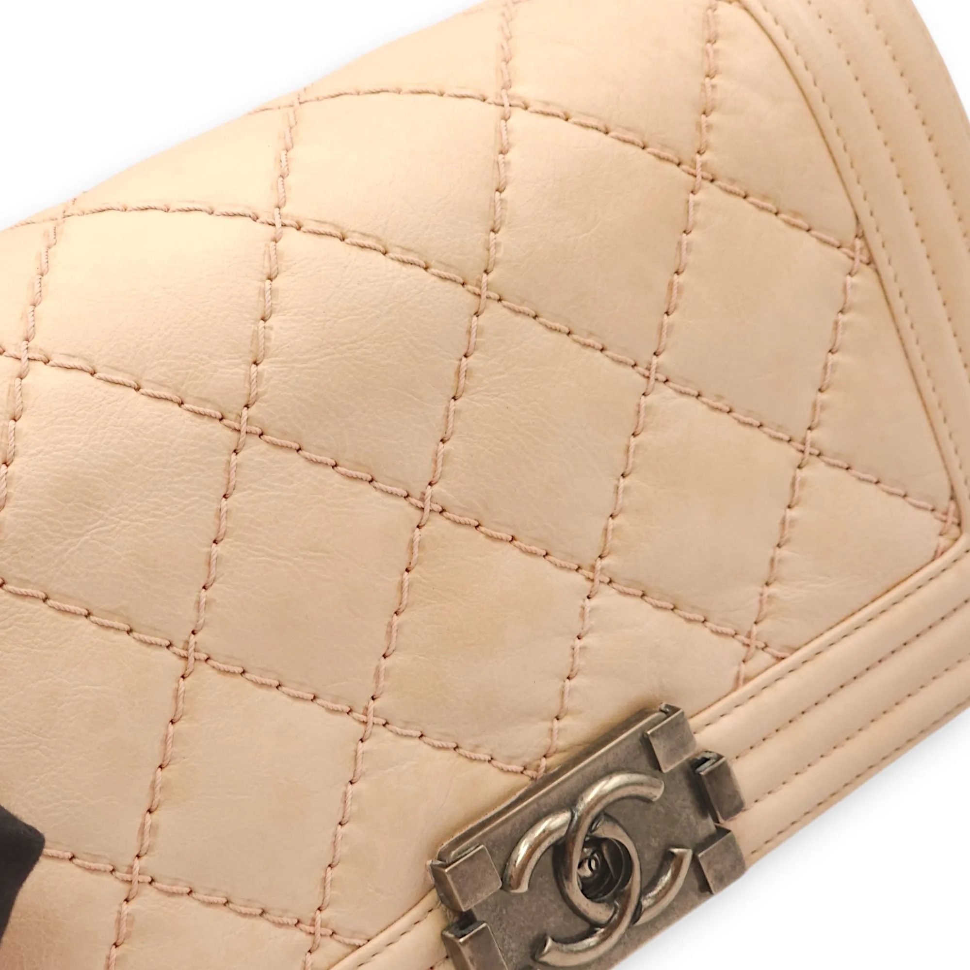 Le Boy Medium Beige Shoulder Bag in Calfskin, Ruthenium hardware
