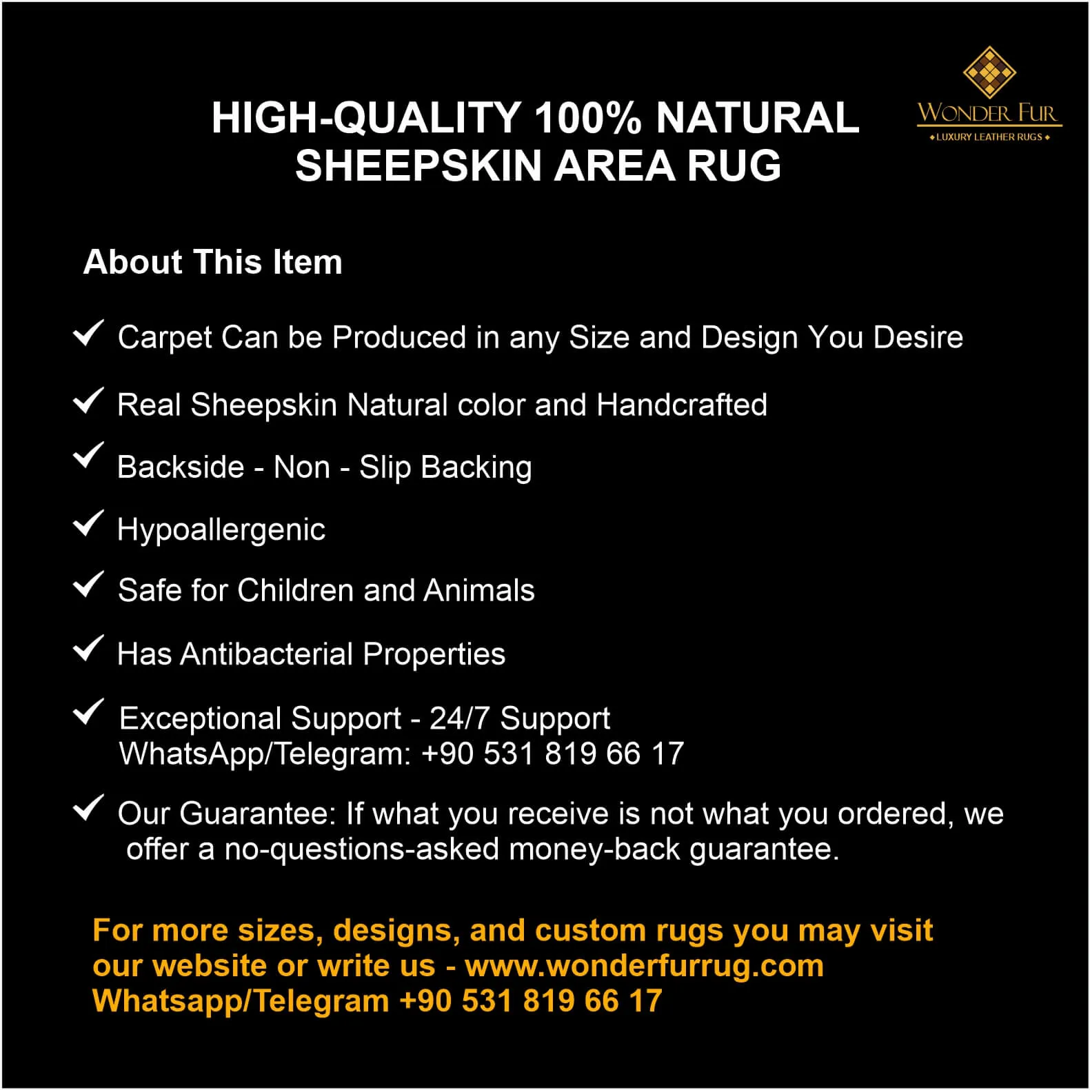 Luxury Black Gold Handmade Sheepskin Rug, Soft 100% Natural Sheep Skin Rug