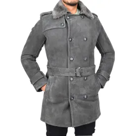 Mens Genuine Shearling Sheepskin Suede Pea Coat Classy ¾ Long Phillip Grey