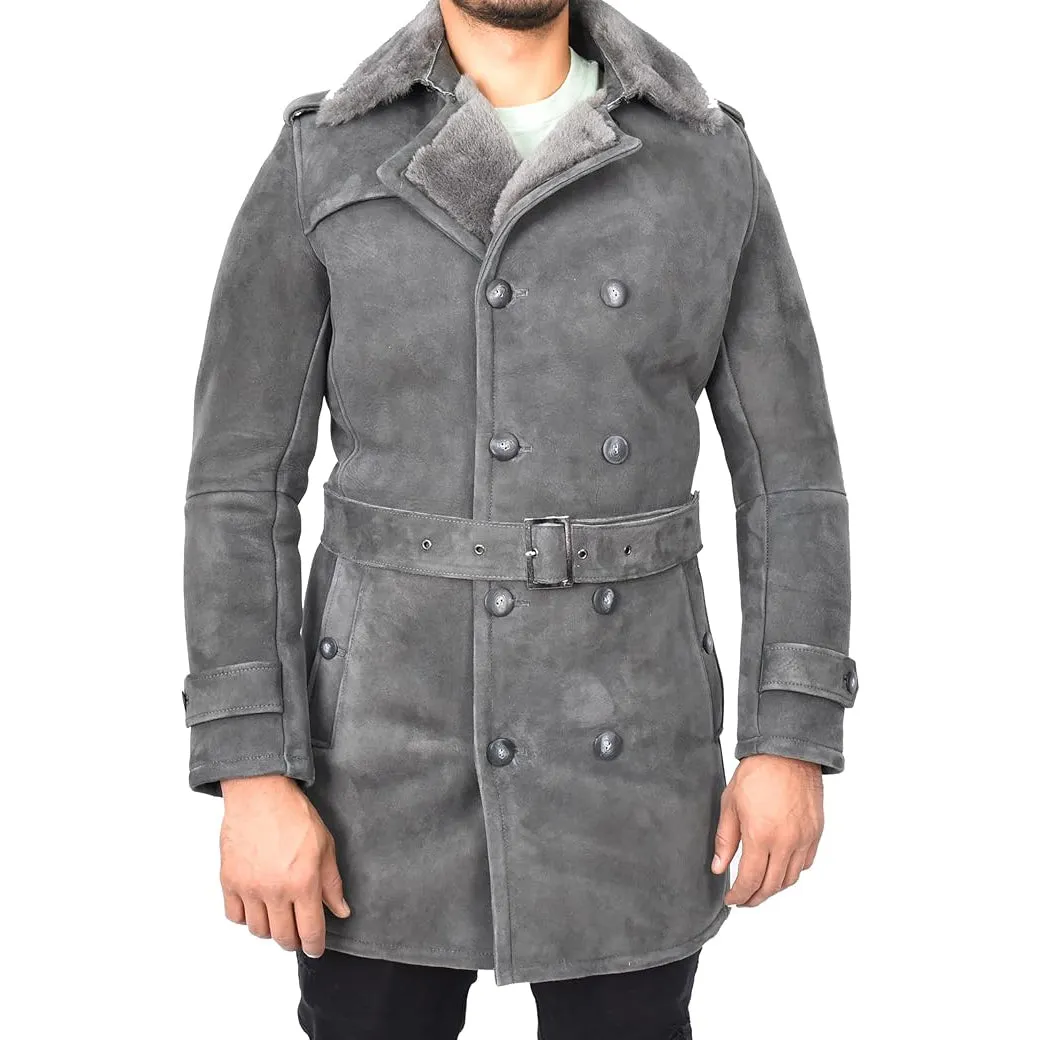 Mens Genuine Shearling Sheepskin Suede Pea Coat Classy ¾ Long Phillip Grey