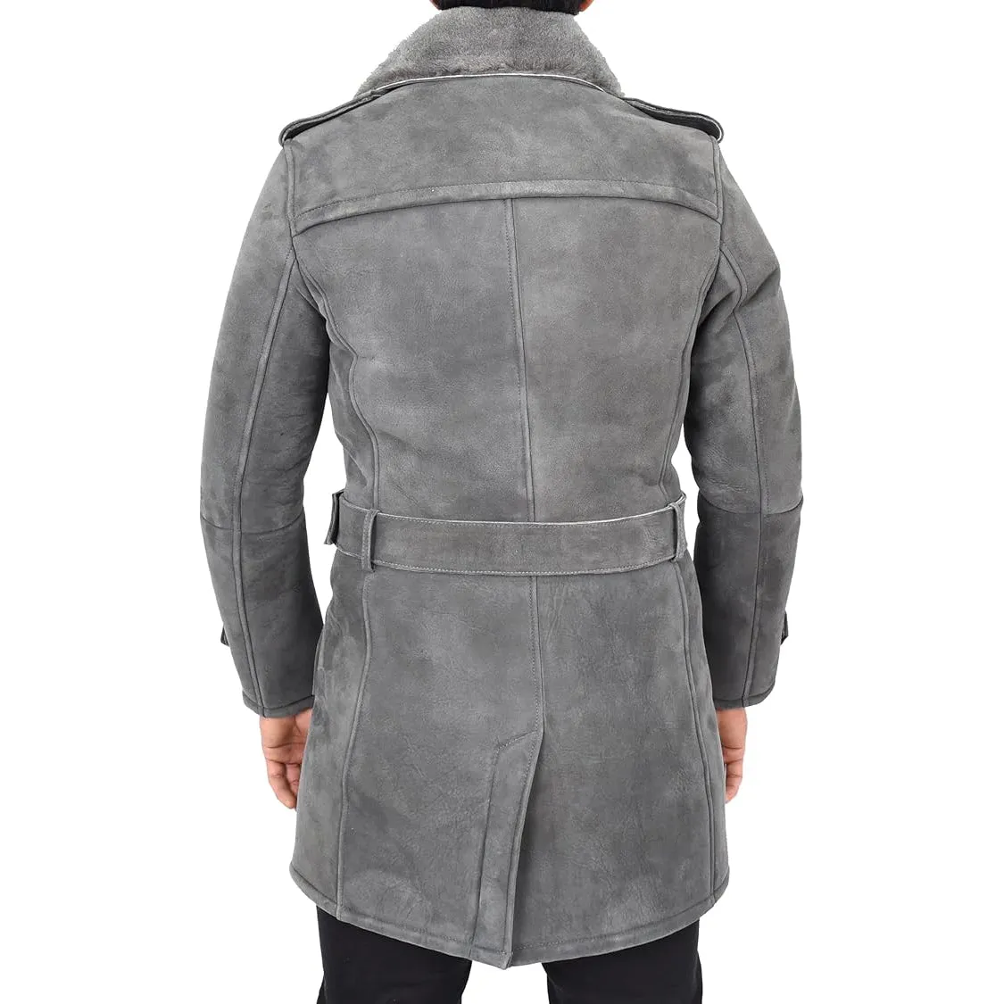 Mens Genuine Shearling Sheepskin Suede Pea Coat Classy ¾ Long Phillip Grey