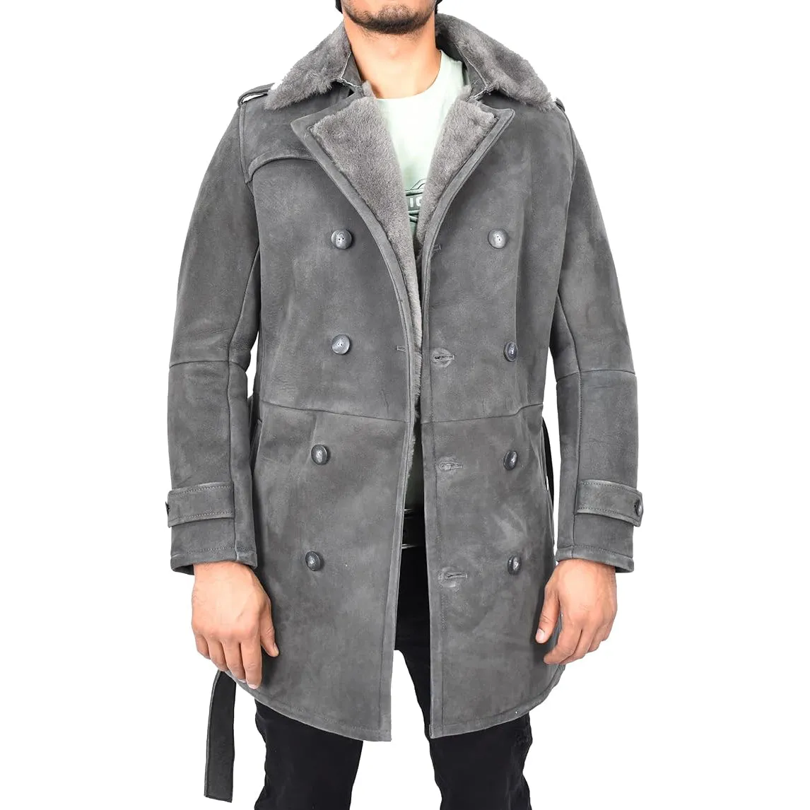 Mens Genuine Shearling Sheepskin Suede Pea Coat Classy ¾ Long Phillip Grey