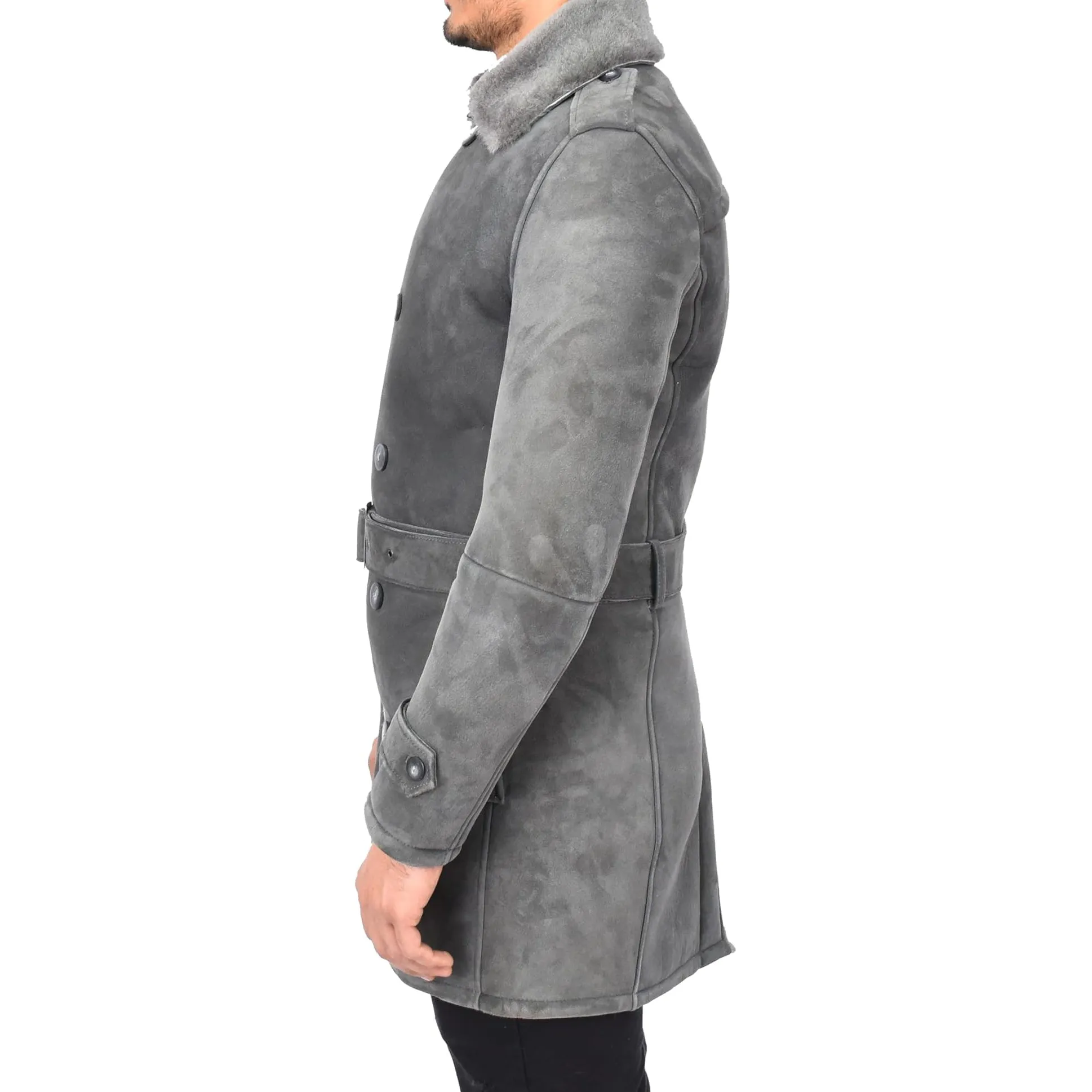 Mens Genuine Shearling Sheepskin Suede Pea Coat Classy ¾ Long Phillip Grey