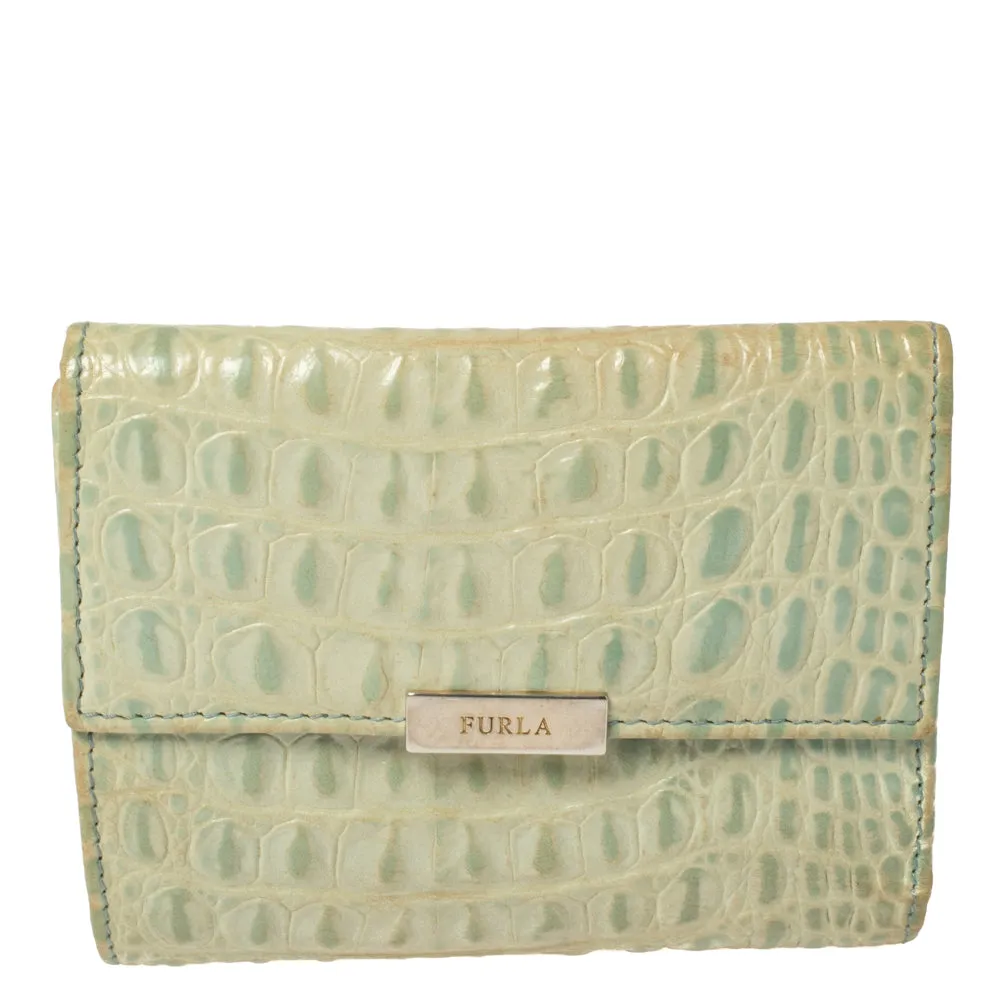 Mint Green Croc Embossed Leather Compact Wallet