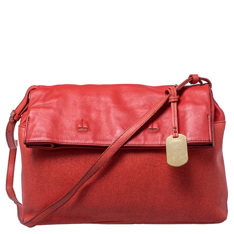 Orange Leather Fold Over Shoulder Bag