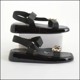 RDC14289 ROGER VIVIER Black Patent & Buckle Slides Trekky Sandals Size 7.5