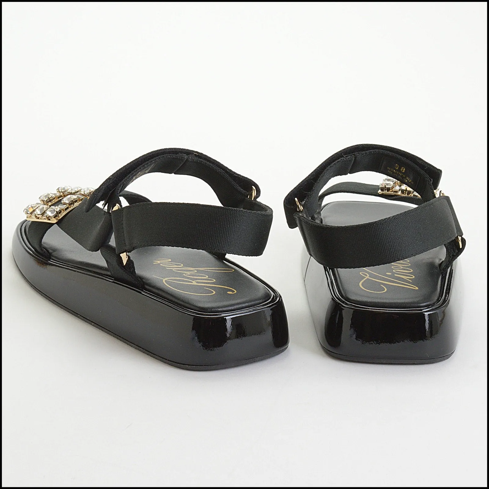 RDC14289 ROGER VIVIER Black Patent & Buckle Slides Trekky Sandals Size 7.5