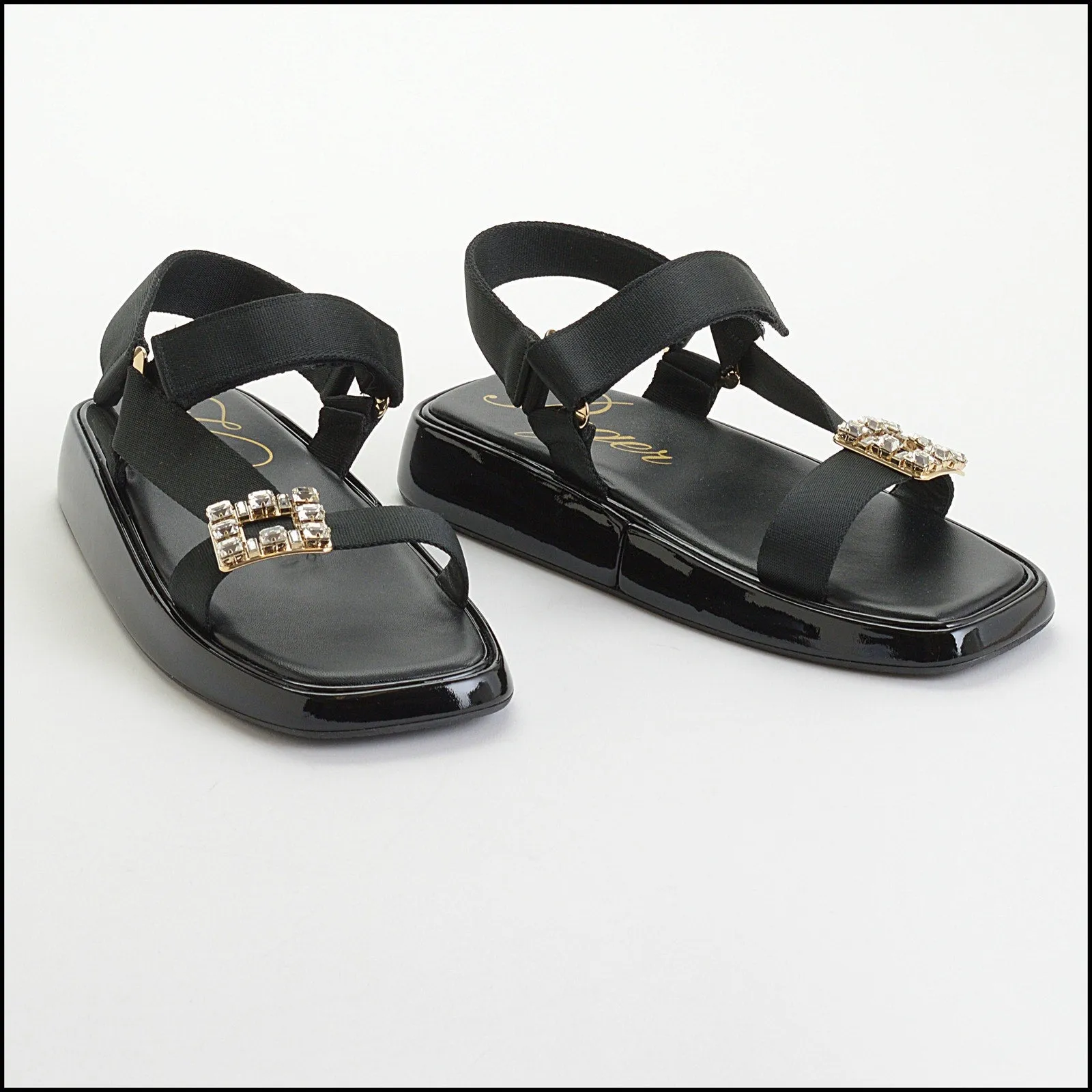 RDC14289 ROGER VIVIER Black Patent & Buckle Slides Trekky Sandals Size 7.5