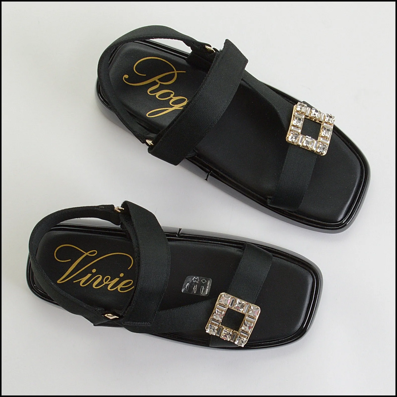 RDC14289 ROGER VIVIER Black Patent & Buckle Slides Trekky Sandals Size 7.5