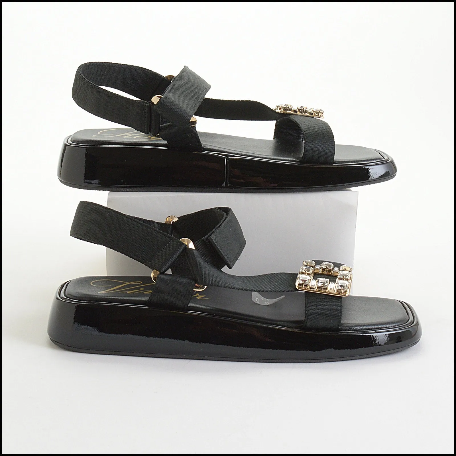 RDC14289 ROGER VIVIER Black Patent & Buckle Slides Trekky Sandals Size 7.5