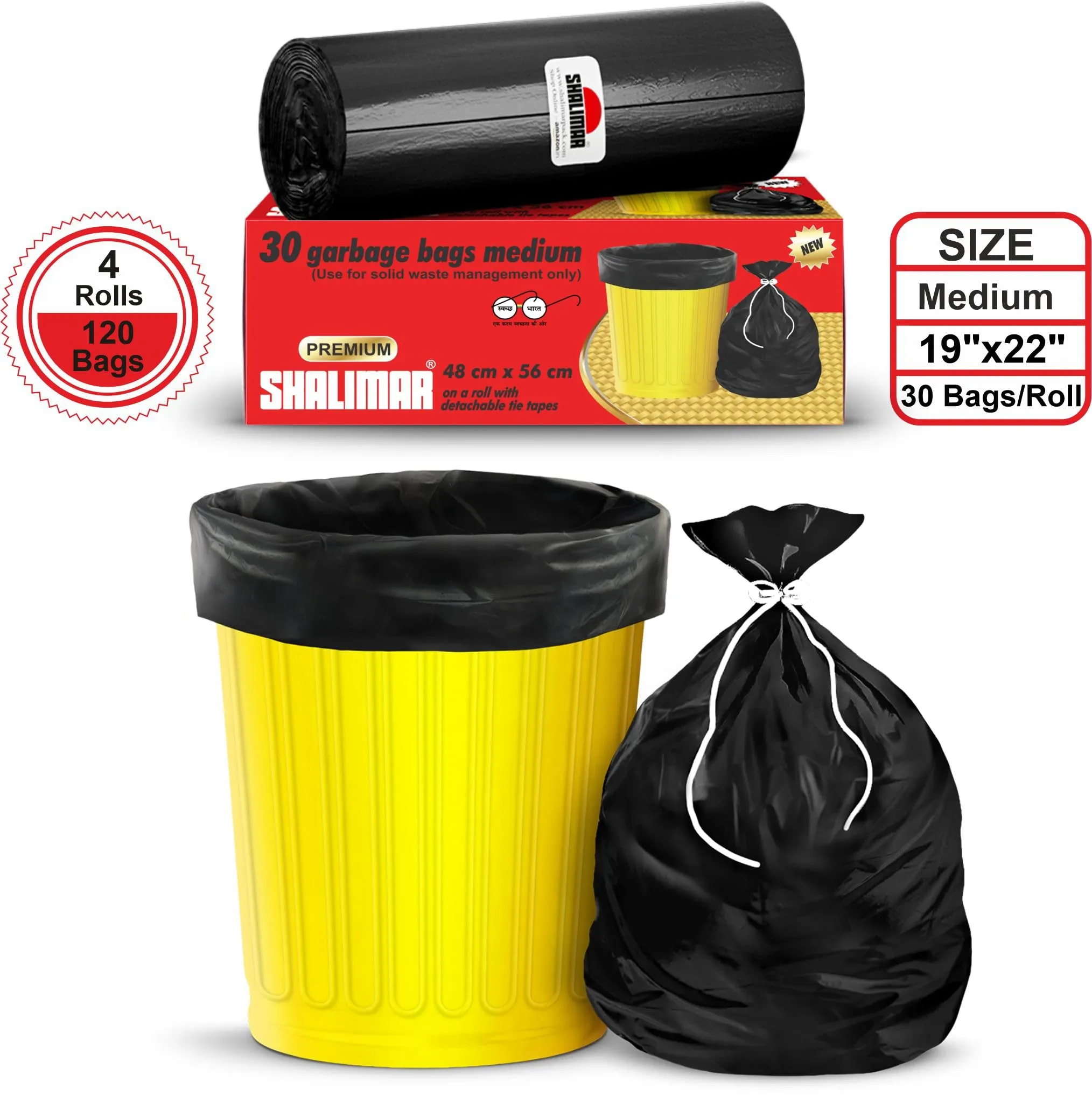 Shalimar Premium Garbage Bags (Medium) Size 48 cm x 56 cm 4 Rolls (120 Bags) (Black Color)