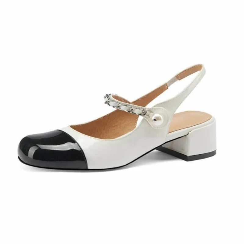 Sheepskin Lined Color Block Closed Toe Cowhide Leather Slingbacks