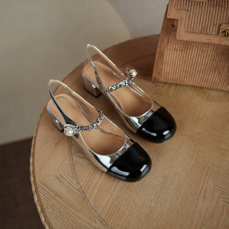 Sheepskin Lined Color Block Closed Toe Cowhide Leather Slingbacks