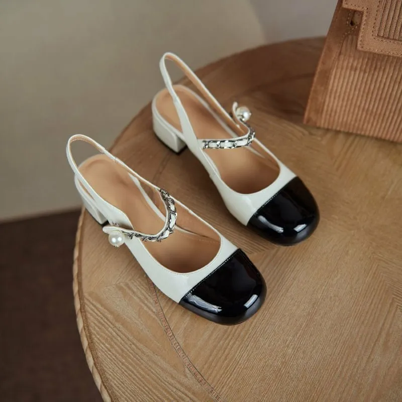 Sheepskin Lined Color Block Closed Toe Cowhide Leather Slingbacks