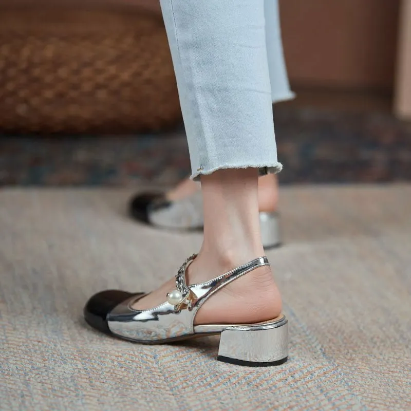 Sheepskin Lined Color Block Closed Toe Cowhide Leather Slingbacks