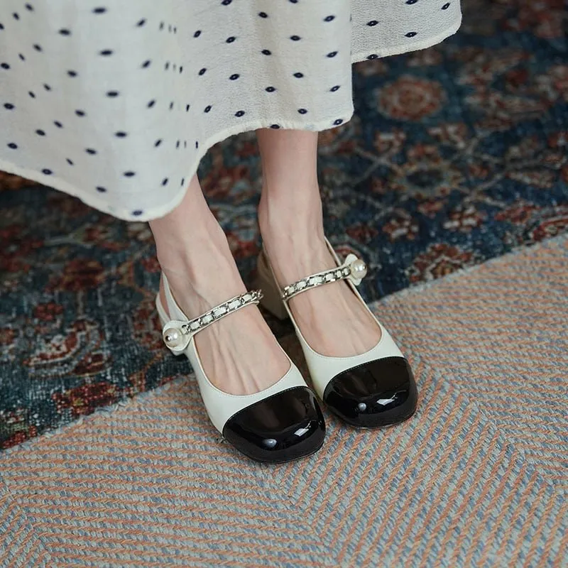 Sheepskin Lined Color Block Closed Toe Cowhide Leather Slingbacks