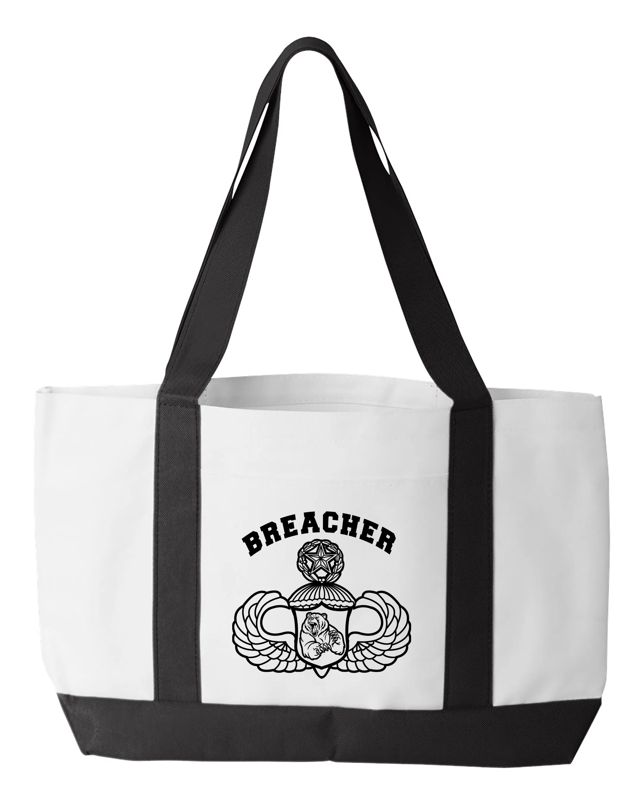 Shopping Bag, 18.5"W x 12"H with 3.5" depth. White Polyester with Black Straps and Bottom. Multiple Designs.