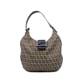 Small Zucchino Beige And Brown Canvas With Brown Leather Hobo Bag PHW