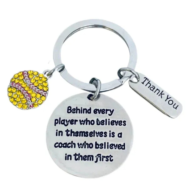 Softball Coach Keychain with Rhinestone Charm