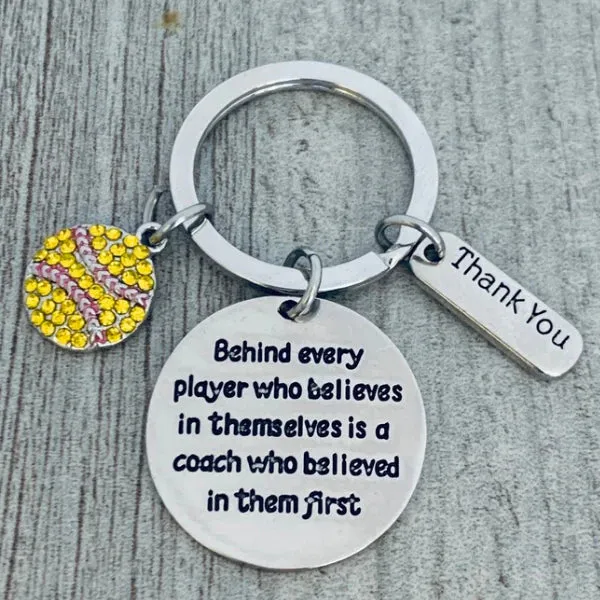 Softball Coach Keychain with Rhinestone Charm