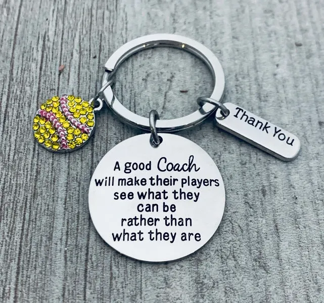 Softball Coach Keychain with Rhinestone Charm