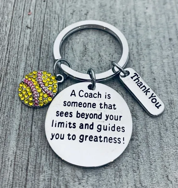 Softball Coach Keychain with Rhinestone Charm