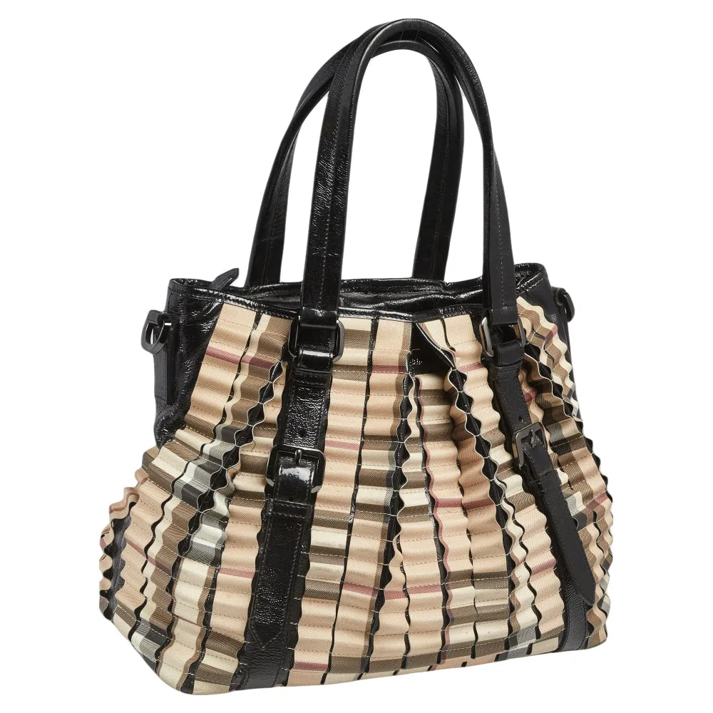Trendy Inspired Burberry Black/beige House Check Pvc And Patent Leather Lowry Ruffled Tote
