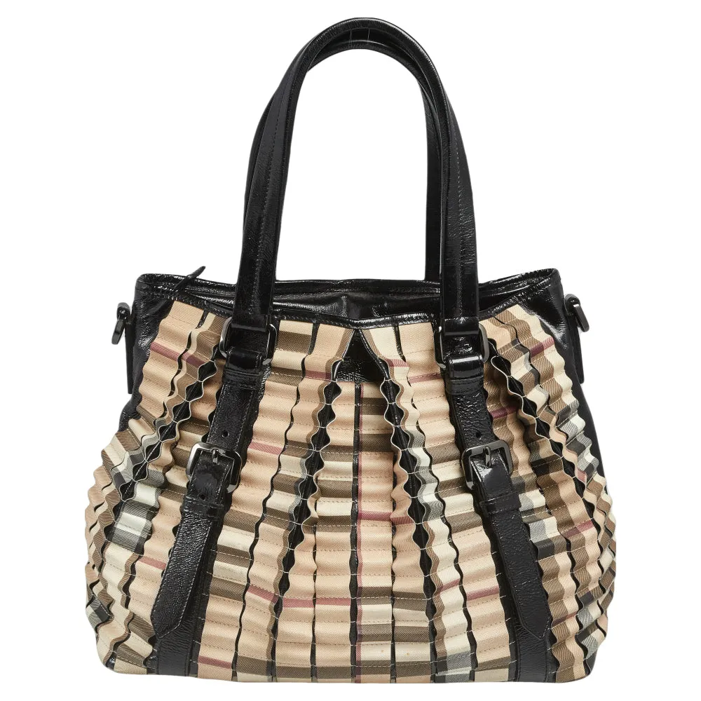 Trendy Inspired Burberry Black/beige House Check Pvc And Patent Leather Lowry Ruffled Tote