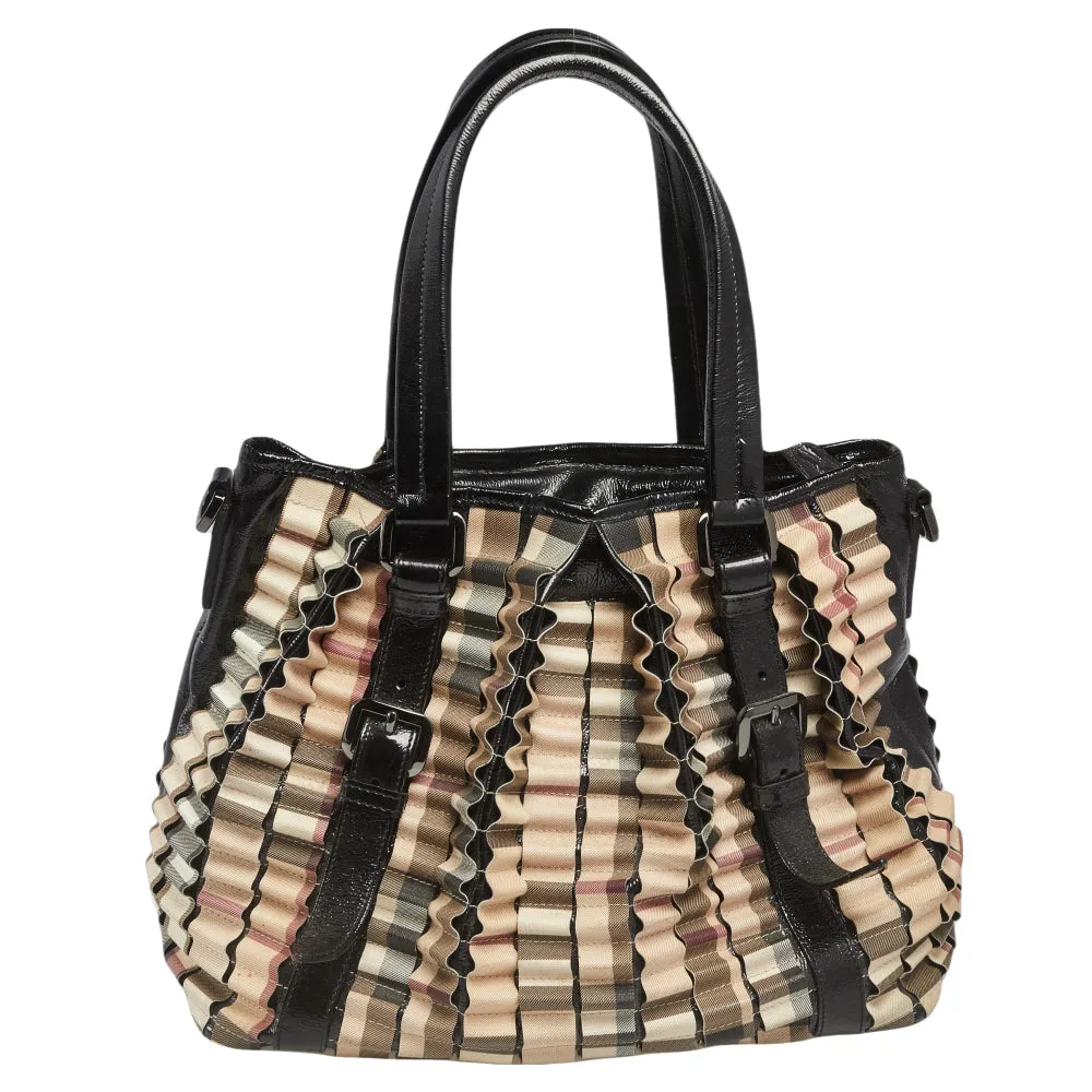 Trendy Inspired Burberry Black/beige House Check Pvc And Patent Leather Lowry Ruffled Tote