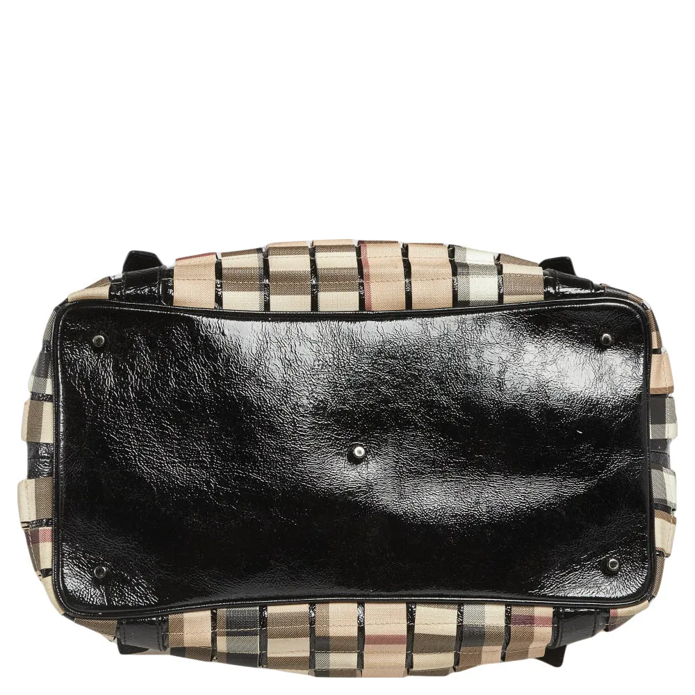 Trendy Inspired Burberry Black/beige House Check Pvc And Patent Leather Lowry Ruffled Tote