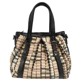 Trendy Inspired Burberry Black/beige House Check Pvc And Patent Leather Lowry Ruffled Tote