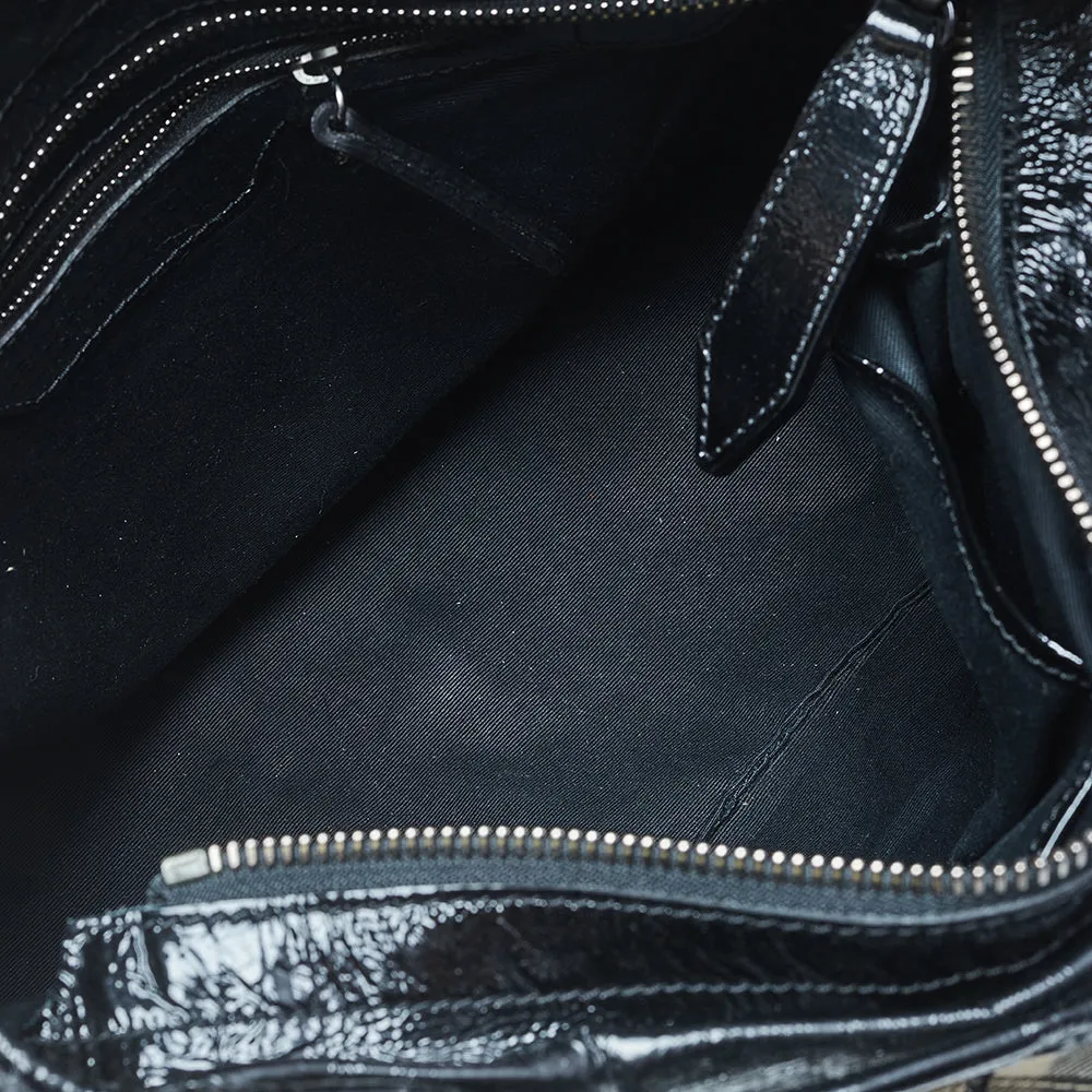 Trendy Inspired Burberry Black/beige House Check Pvc And Patent Leather Lowry Ruffled Tote